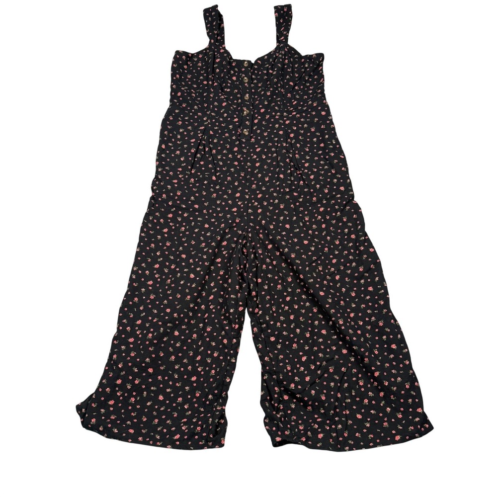 American Eagle Women XL Black Floral Cotton Linen Cottage Core Wide Leg Jumpsuit